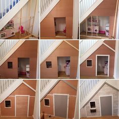 there are pictures of the inside of a dollhouse with stairs and windows in it