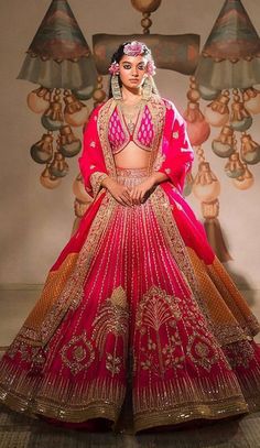 Hot Pink Backdrop, Lehenga Anarkali, Embellished Sleeves, Anita Dongre, Pink Backdrop, Designer Lehenga, Vertical Lines, Indian Designer Outfits, Silk Organza