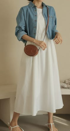 White Dress With Jacket Outfit, Denim Jacket With Dress Outfit, How To Dress Modestly, Dress With Jacket Outfit Classy, Simple And Classy Outfits, Classy Outfits Simple, Cool Modest Outfits, Japan Clothing Style, Denim White Outfit