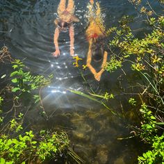 two people are swimming in the water with their heads above the water's surface