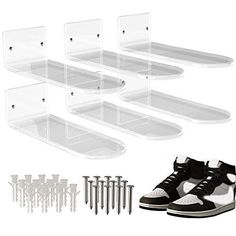 Floating Shoe Display Set of 6 for Wall Mount, Acrylic Shoe Shelf for Wall is Used for Shoe Display or Shoe Box, Suitable for Shoe Wall Shelf in Living Room, Bedroom, Shop Description and features A treasure for shoe fans: The wall-mounted acrylic shoe rack is made of durable 1/4" acrylic. You can display your favorite shoes and design a unique shoe wall. Perfect display of your shoes: The size of sneaker shelves is 8.5*3in, which is longer the traditional sizes on the market, and has support. Y Shoe Rack In Living Room, Wall Hanging Shoe Rack, Floating Shoe Display, Sneaker Shelves, Shoes Display, Hanging Shoe Rack, Drywall Anchor, Unique Shoe, Shoe Wall