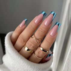 Metallic Blue Nail Designs, Metallic Blue Acrylic Nails, Summer Nails Trendy Blue, Blue Metallic French Tip Nails, Bright Chrome Summer Nails, Bright Blue Chrome Nails, Trending Blue Nails, Blue Metallic Nails