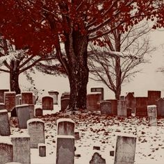 an old cemetery with many headstones in the snow