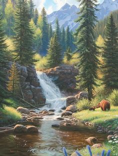 an oil painting of a waterfall in the mountains with bears and flowers by it's side