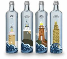 three water bottles with lighthouses on them