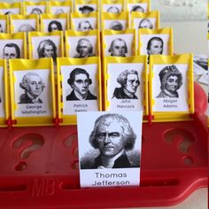 there are many cards with pictures of thomas jefferson on them in the shape of people's heads