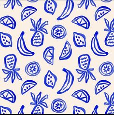 a blue and white pattern with fruit on it