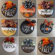 six different pictures of pumpkins and welcome signs on the wall, each decorated with an autumn theme