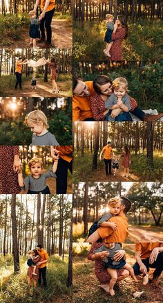 a collage of photos showing two children hugging each other in the woods with trees and grass behind them