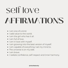 a poster with the words self love affirmations written in black and white on it