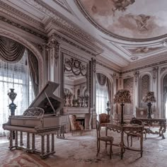 an old room with a grand piano in it