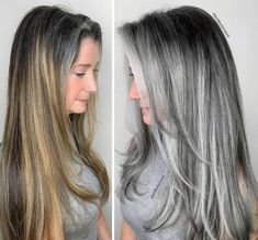 Gray Hair Makeover Ideas To Blend Grey Hair, Gray Hair With Silver Highlights, Natural Grey Hair Balayage, Grey Hair Trend, Going Grey Long Hair, Fading Gray Hair, Best Hair Color To Blend Gray Roots, Hair Color Ideas For Grey Hair Over 50, Grey Blended Hair Going Gray