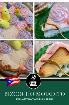 four pictures of different desserts with pink frosting and icing on green plates