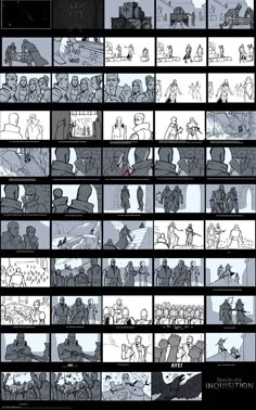 an animation storyboard with many different scenes