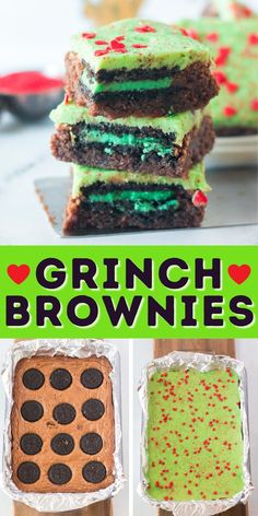 four different brownies with green frosting and red sprinkles on them