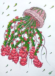 a drawing of a jellyfish with pink flowers and green leaves