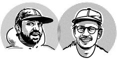 two men in baseball hats and glasses, one is black and white the other has a beard