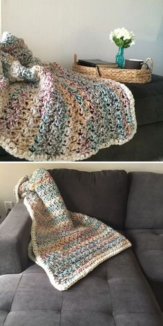 two pictures of a couch with a crocheted blanket on it