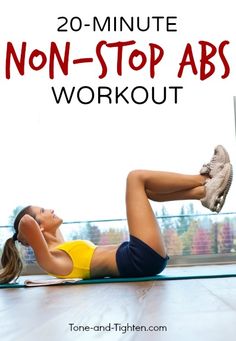 a woman doing an exercise on her laptop with the words 20 - minute non - stop abs workout