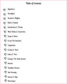 the table of contents is shown in black and white, with pink trimmings