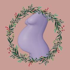 a pregnant woman's breast surrounded by greenery and berries on a pink background