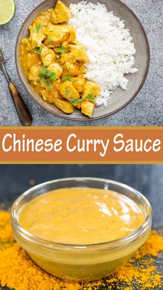 two pictures with different types of food in them and the words chinese curry sauce on top