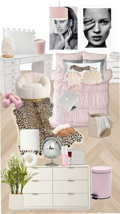 a bedroom with pink and leopard print on the walls