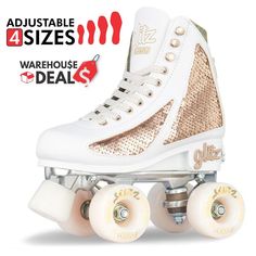 ROSE GOLD Modern Oc, Quad Skates, Metal Lace, Mens Trends, Roller Skate, Roller Skates, White Boots, 9th Birthday, White Glitter