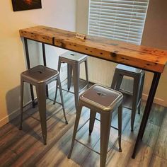 three stools and a table in a room