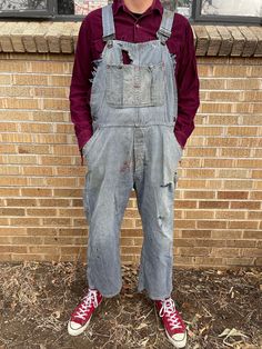 "selling as is donut button fly Total length as modeled - 56\" rise 13\" inseam - 25\" waist  - 36\" leg opening - 10\" Model height is 5'11 33/34 waist" 1930s Overalls, Vintage High-waist Cotton Overalls, Vintage Washed Cotton Overalls, Vintage Bib Front Overalls With Pockets, Vintage Cotton Overalls, Upcycled, Vintage Dark Wash Bib Front Overalls, Distressed Overalls, Vintage Cotton Bib Front Jumpsuit/romper, Union Made