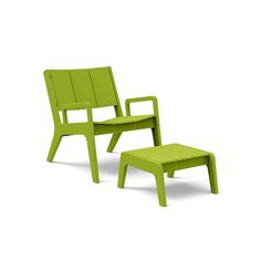 a green plastic chair and footstool sitting next to each other