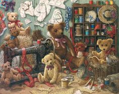 a group of teddy bears sitting in front of a sewing machine