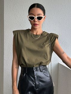 Solid Shoulder Pad Tee Army Green Casual  Cap Sleeve Fabric Plain  Slight Stretch Spring/Summer Women Clothing, size features are:Bust: ,Length: ,Sleeve Length: Casual Cap, Casual Vest, What Inspires You, Casual Tank Tops, Women T Shirts, Women's Shapewear, Kids Sleepwear, Scarf Print, Primavera Estate