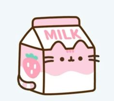 an image of a milk carton with a cat face on the front and strawberry in the back