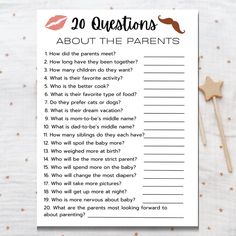 the 20 questions about the parents game is shown on top of a white sheet with gold stars