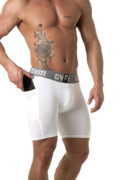 GYM Compression Short with exterior pocket for holding a phone. Fits most standard phones including iPhones. Includes a thick 2" waistband for comfort and support. Made of a moisture wicking material to help keep your body dry and cool. Made of high performance compression material with excellent elasticity. Available in white or black. Body composition: 90% Polyester, 10% Spandex. Size Size Chart Small 28-30" Medium 32-34" Large 36-38" X-Large 40-42" 2X 44-46" 3X 48-50" 4X 50-52" Functional Compression Athletic Shorts With Pockets, Functional Athletic Shorts For Light Sports, Functional Athletic Shorts For Gym, Functional White Athletic Shorts For Sports Events, White Functional Athletic Shorts For Sports Events, White Functional Athletic Shorts For Sports, Functional Sweat-resistant Athletic Shorts, Functional Compression Athletic Shorts For Sports, Compressive Functional Shorts For Sports Events