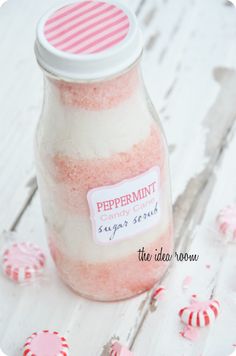 peppermint candy cane sugar scrub in a glass jar