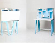 two different views of a desk with shelves on each side and an open drawer in the middle