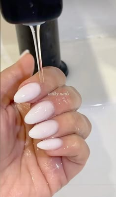 Glowy White Nails, Milky Nails Almond Shape, Milky White Almond Nail Ideas, Milky Pink Almond Nails Chrome, Milky White Summer Nails, Milky Pink White Nails, Almond Shape White Nails, Foggy White Nails, Marshmallow White Nails