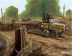 a drawing of a truck in the middle of a dirt road with logs on it