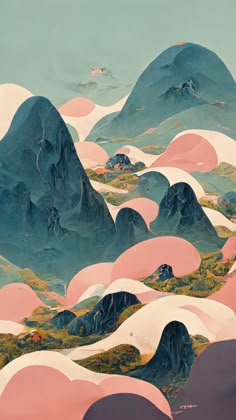 an abstract painting with mountains and hills in the background, pink clouds are flying over them