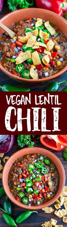 this vegan lentil chili is loaded with beans, peppers, and other vegetables