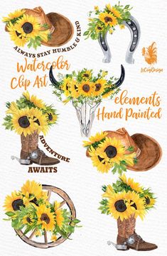 watercolor clip art with sunflowers and cowboy boots