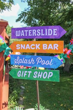 a sign that says waterslide, snack bar, splash pool, and gift shop