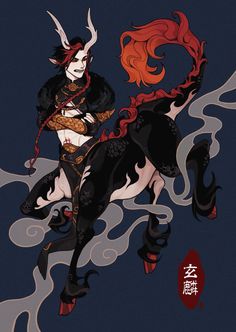 a woman riding on the back of a horse with red hair and black clothes,