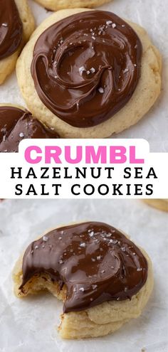 two cookies with chocolate frosting on them and the words crumbl ha zeinut sea salt cookies