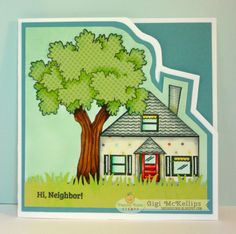 a card with a house and tree on it