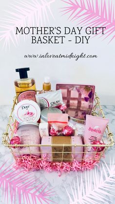 mother's day gift basket - diy with pink flowers and palm fronds