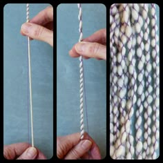 two pictures showing how to knit the ends of an object with yarn and wool balls