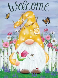 a painting of a gnome with flowers and butterflies on it's head, standing in front of a picket fence